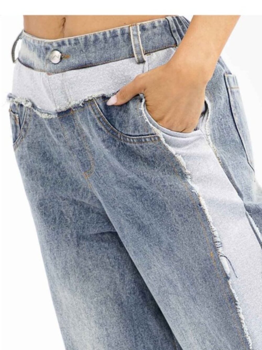 Wide-Leg Two-Tone Patchwork Jeans with Adjustable Jogger Bottom - Picture 6 of 9